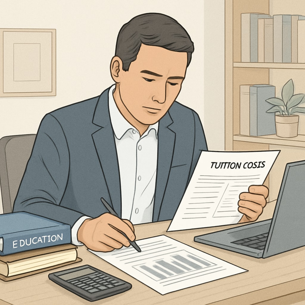 A busy professional reviewing financial documents and tuition costs, highlighting the financial considerations of higher education. Financial planning for pursuing a master’s degree and career growth.