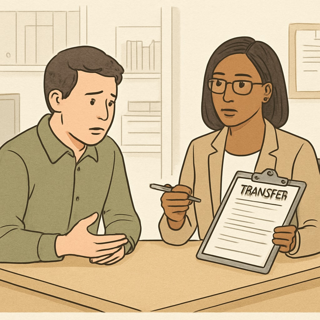 A concerned parent discussing transfer paperwork with a school official. Parent and school official reviewing transfer documents, highlighting inter-district communication challenges.