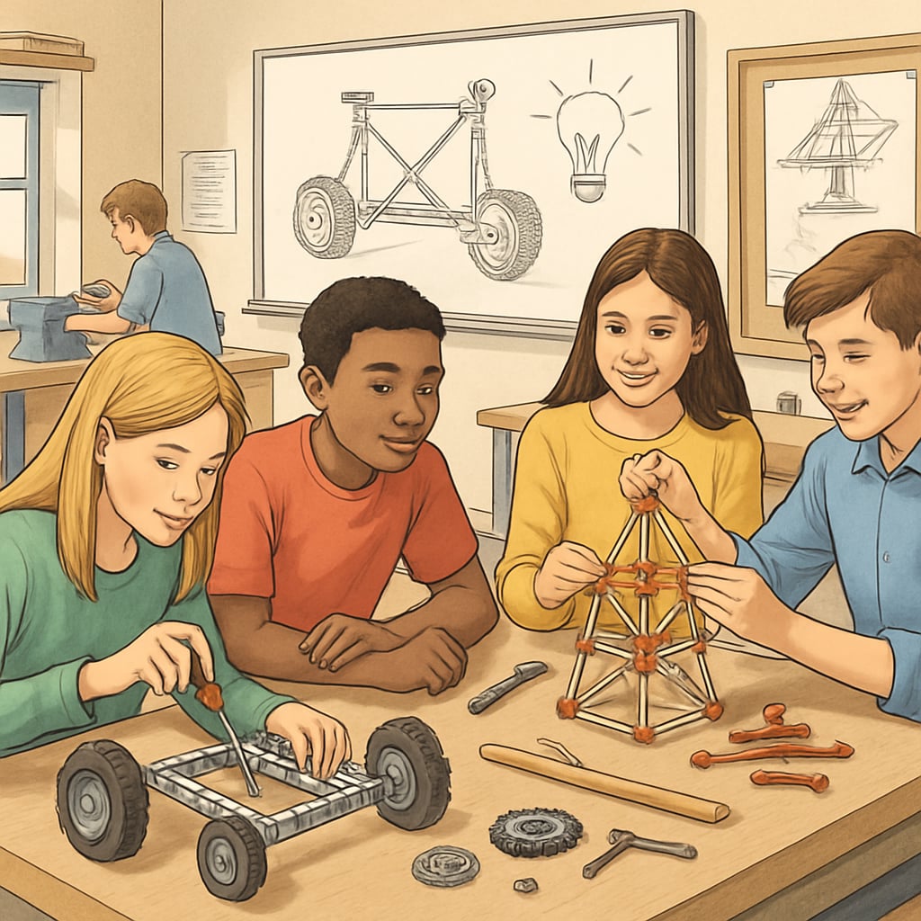 A classroom with students engaging in hands-on engineering projects, demonstrating the intersection of education and engineering. Students in a classroom participating in engineering projects as part of an integrated education and engineering curriculum.