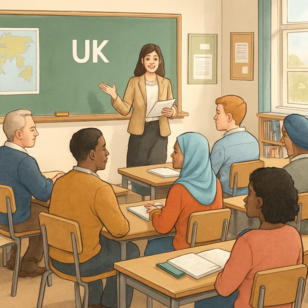 A classroom full of students attending a lecture in the UK, representing diverse age groups and educational backgrounds. UK education system classroom with diverse learners, symbolizing flexibility and inclusivity.