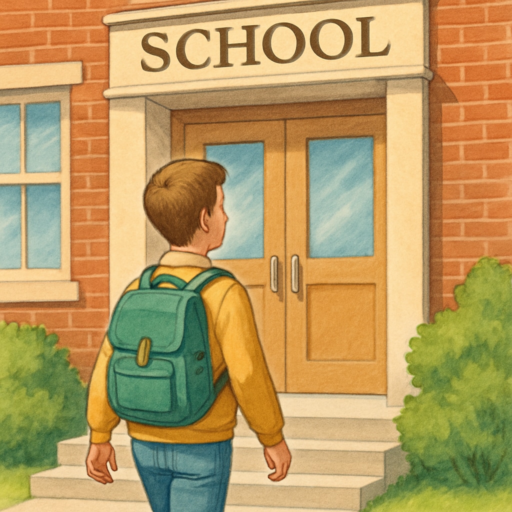 A student looking hopeful as they enter a new school. A student entering a new school, symbolizing successful school transfers.