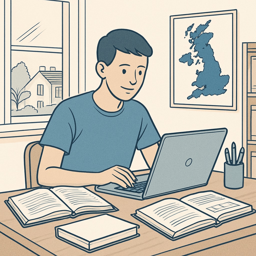 A student studying at home with a laptop and textbooks, symbolizing flexible learning opportunities in the UK. Flexible learning in the UK education system, featuring a student studying at home with a laptop.