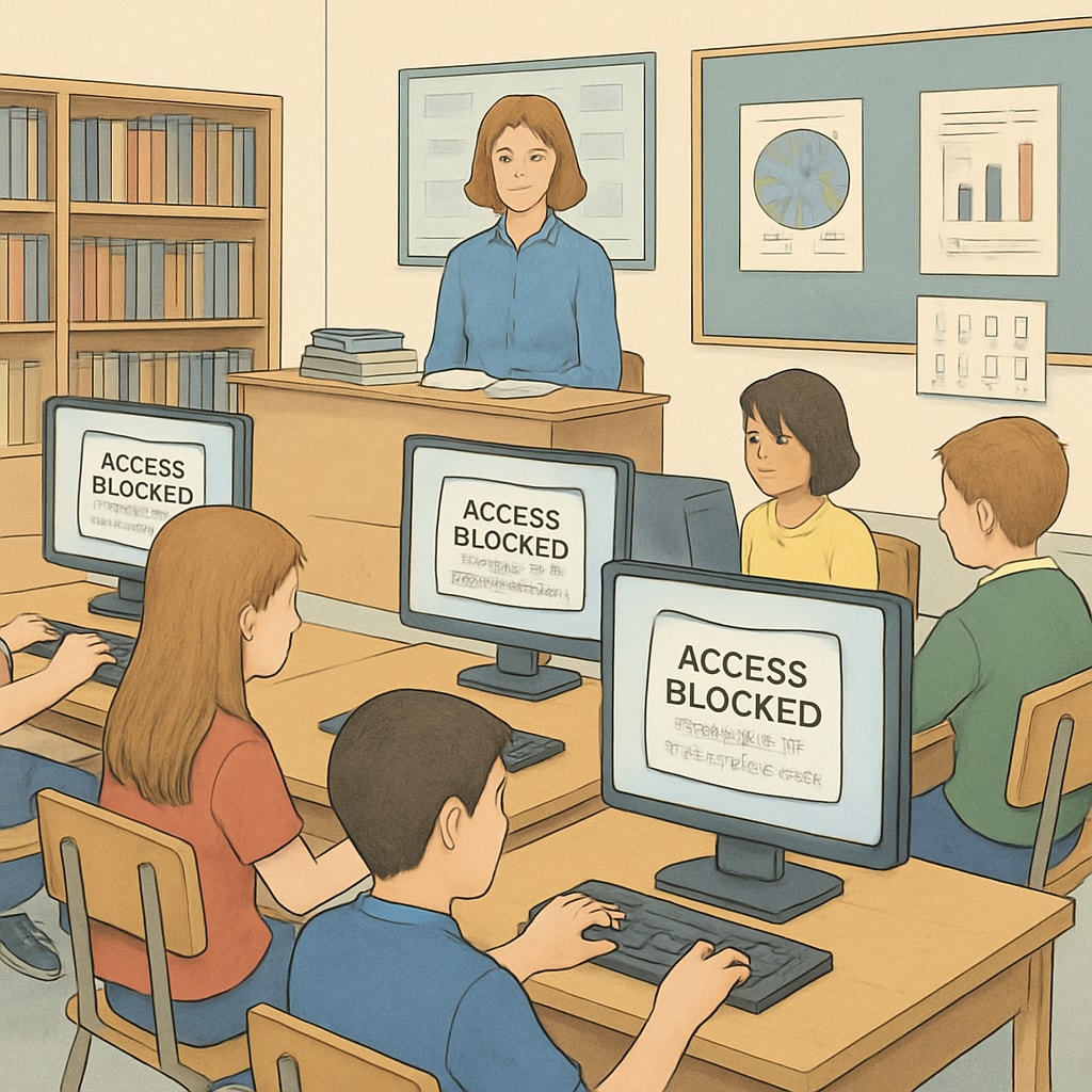 A classroom of students working on computers with restricted access to educational content due to internet filtering laws. Students in a classroom working on computers affected by internet filtering laws.