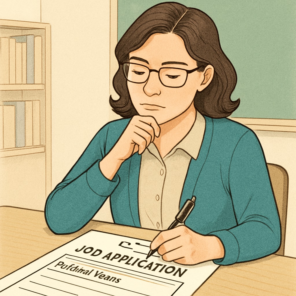 A teacher filling out a job application, with a subtle focus on a section labeled A close-up of a teacher application form with a section titled