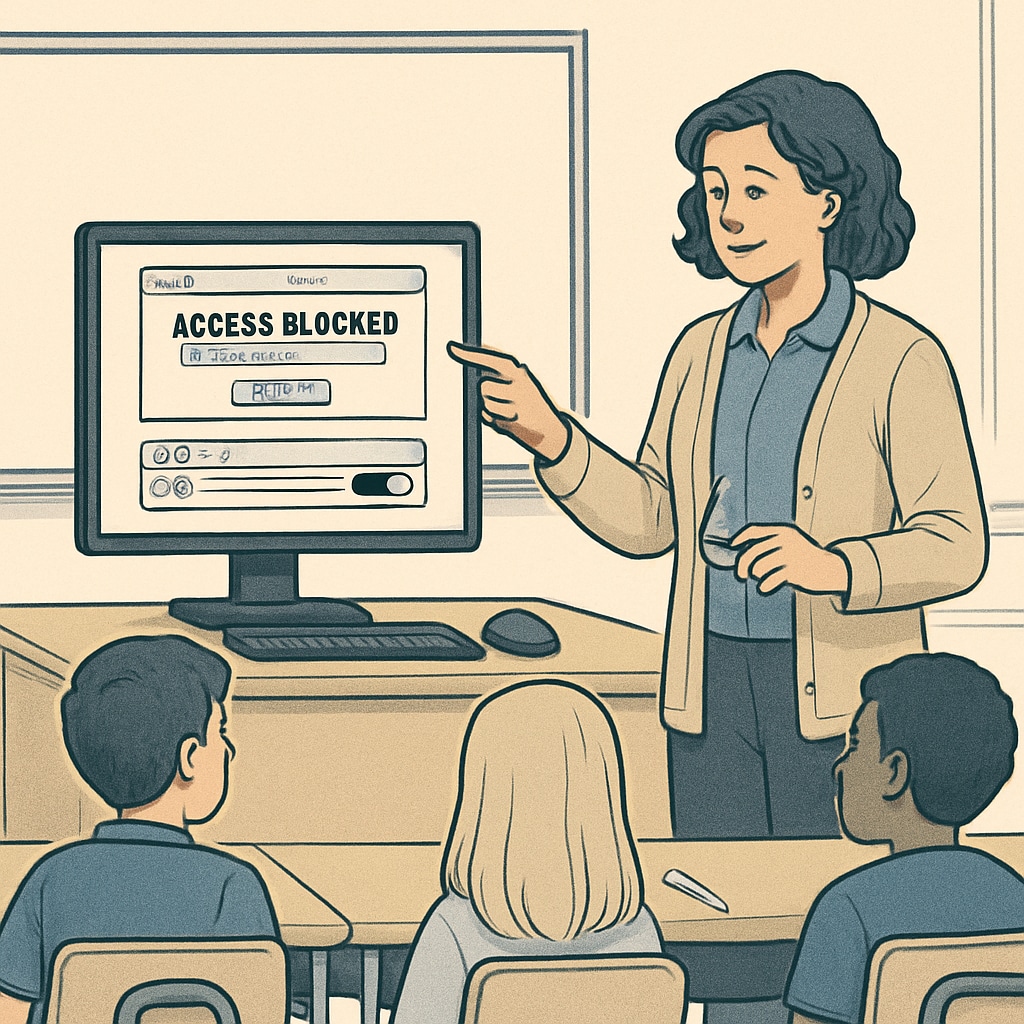 A teacher demonstrating a workaround to students for accessing blocked educational material on a computer screen. Educator showing students how to bypass internet filters to access educational content.