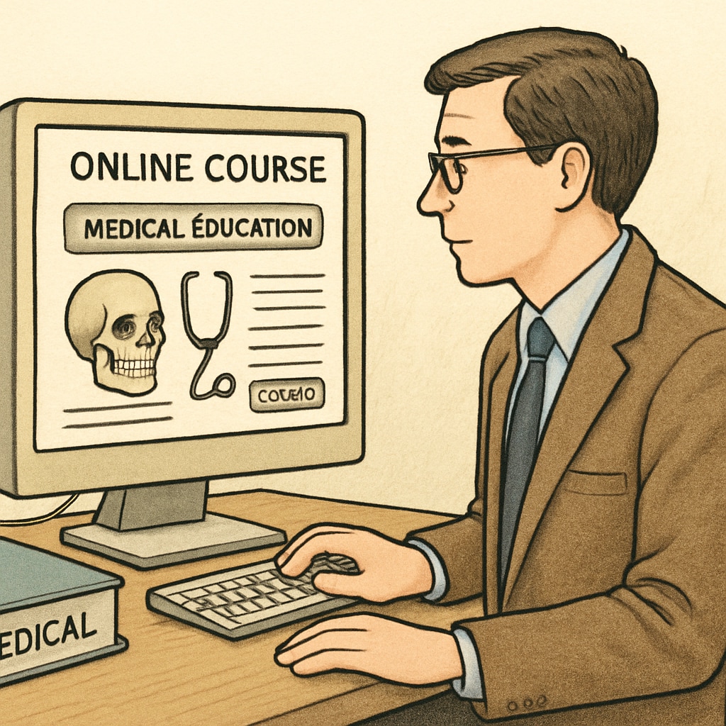 A professional educator looking at an online course platform, representing non-medical professionals exploring medical education. Educator browsing medical education courses online.