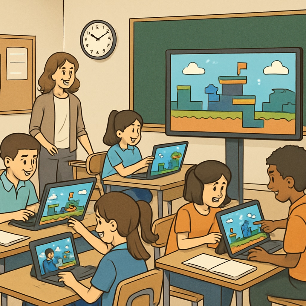 Students participating in a game-based learning session to enhance education.