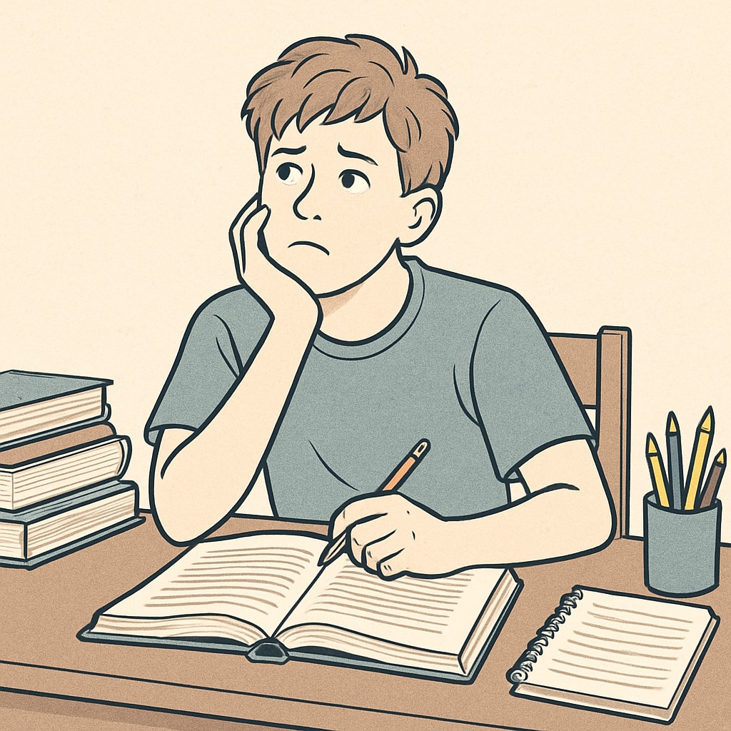 A teenager sitting at a desk, looking distracted while studying Teen sitting at a desk struggling with learning motivation
