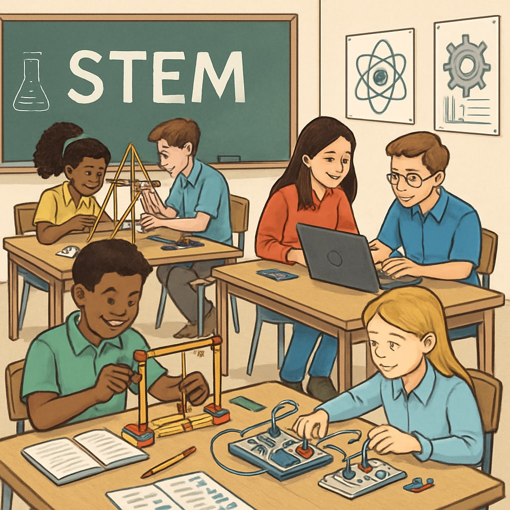 A teacher with an engineering background guiding a STEM activity in a classroom.