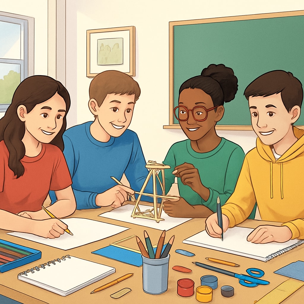 A group of teenagers engaging in a creative workshop, smiling and working together Teenagers working together in a creative activity