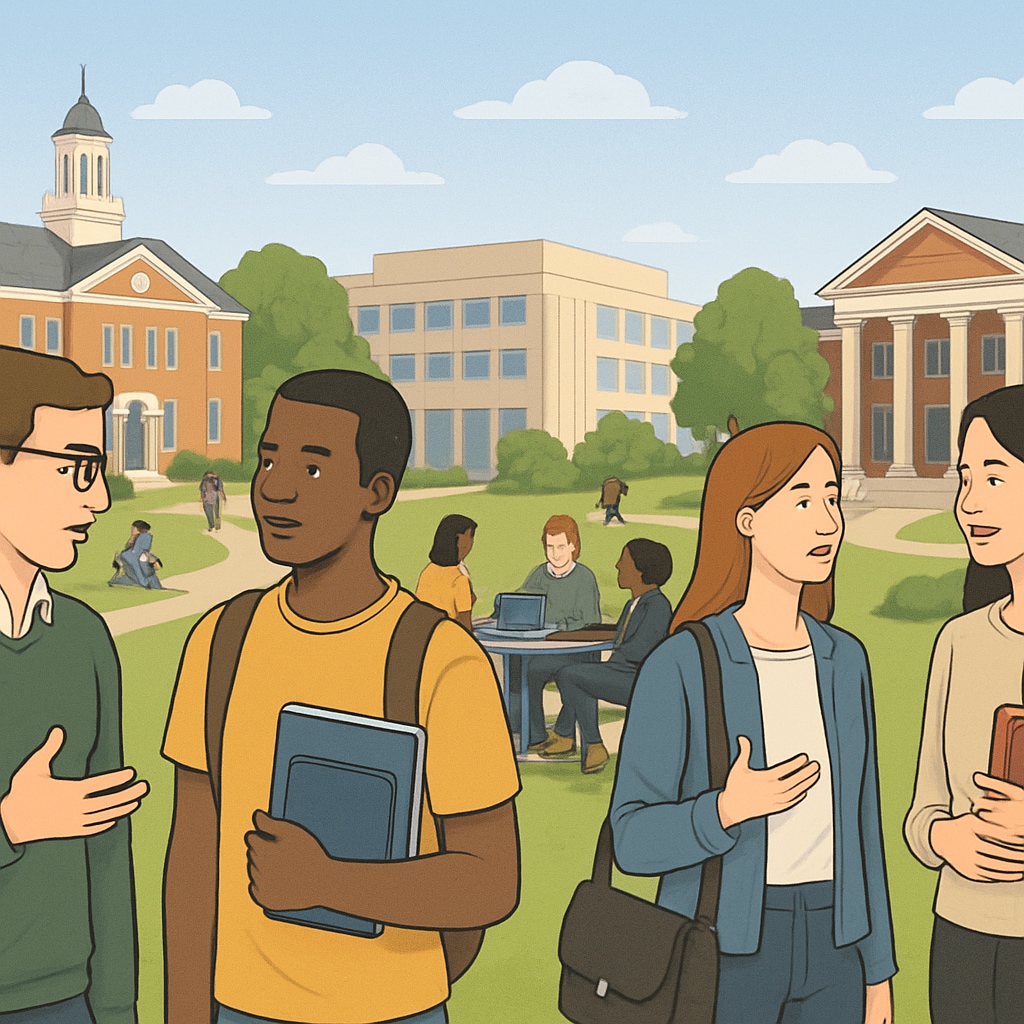 Students discussing dual-degree options in education and engineering on a university campus.