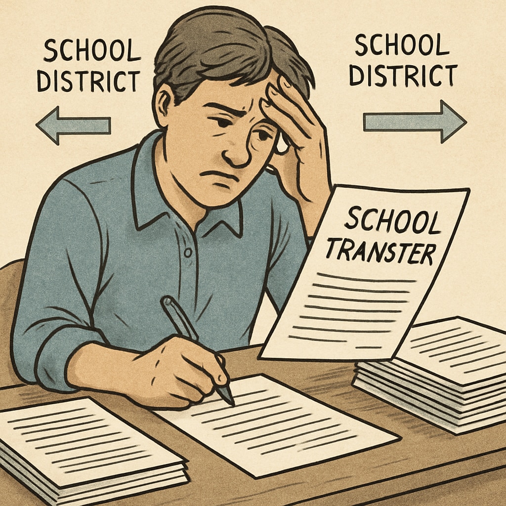 Parent struggling with school transfer paperwork due to district communication issues.