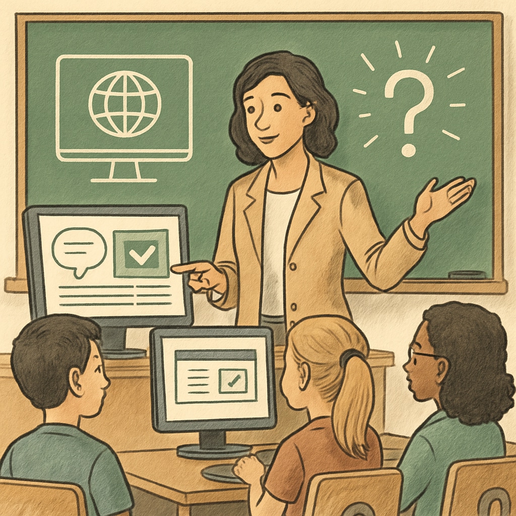 A teacher helping students develop digital literacy and critical thinking skills.
