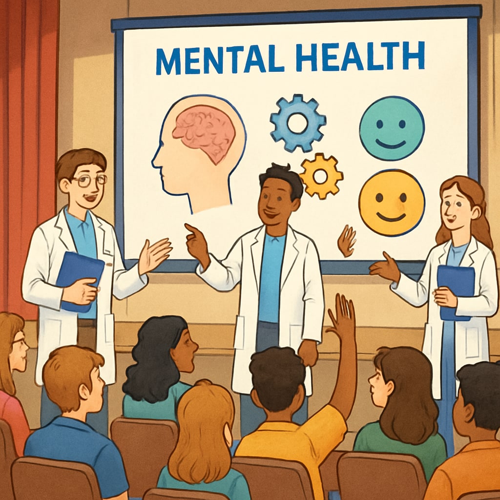 Medical students leading a high school mental health assembly.