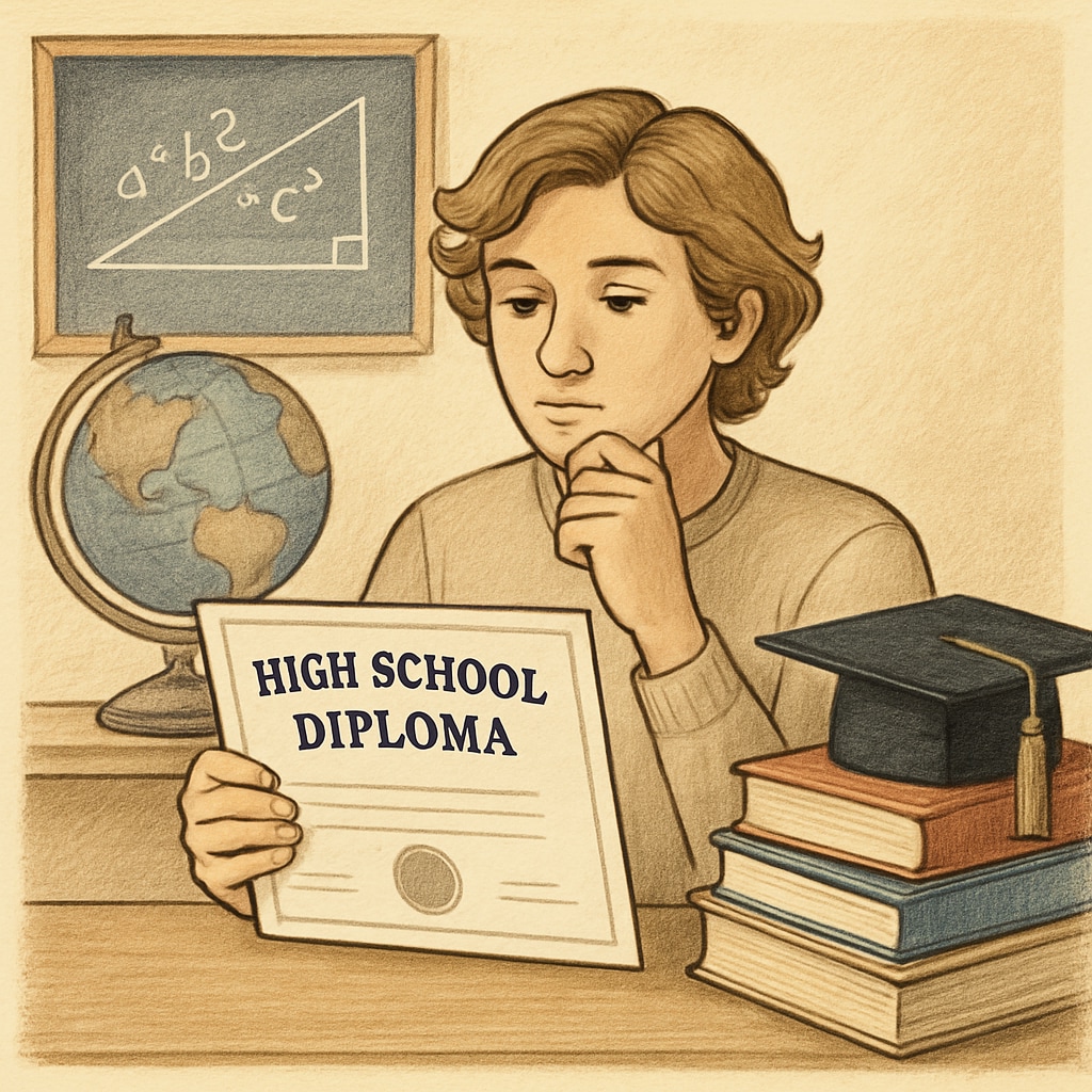 A young adult looking at their high school diploma, contemplating their future. A young adult reflecting on their modified high school diploma and its implications.