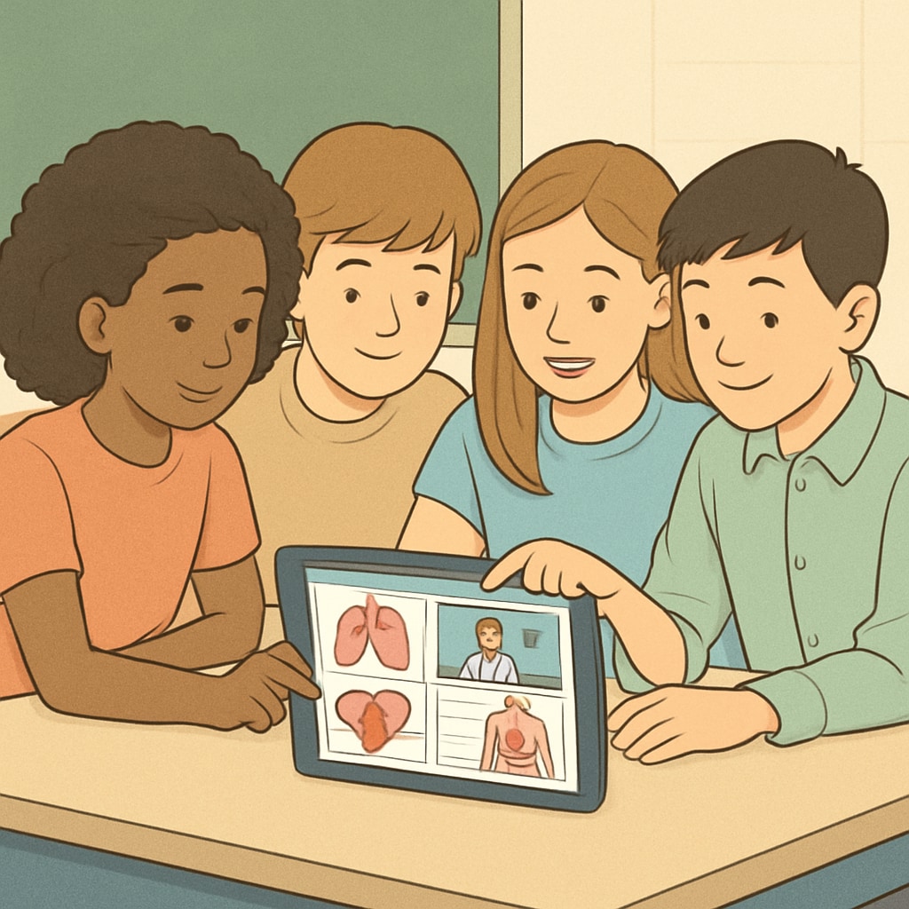 A group of K12 students using a tablet to explore an online medical learning platform, showcasing interactive resources for non-medical background students. K12 students exploring medical education through an online learning platform