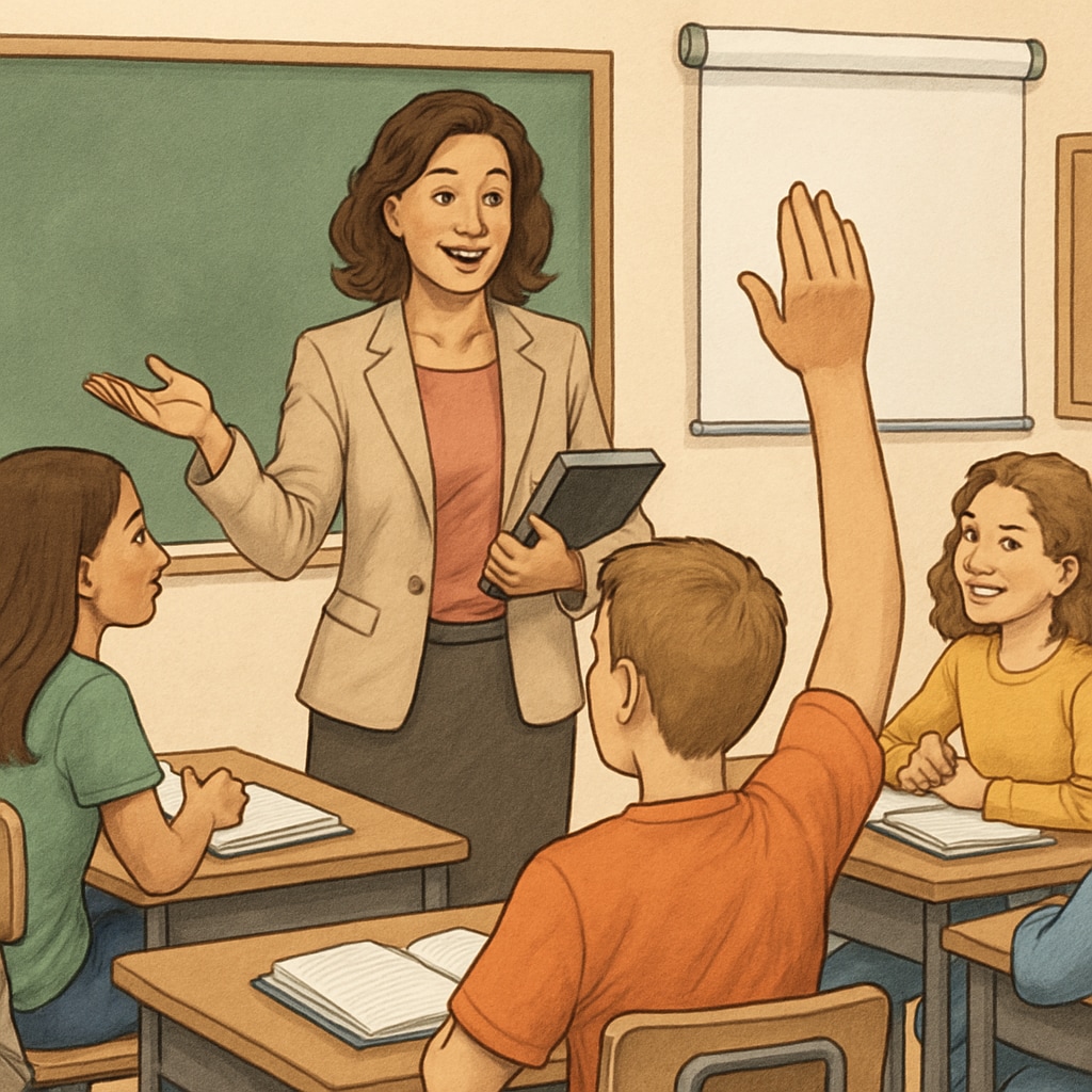 A classroom setting where a teacher is engaging middle school students, symbolizing effective teaching strategies. Teacher engaging middle school students to address academic struggles and build motivation.