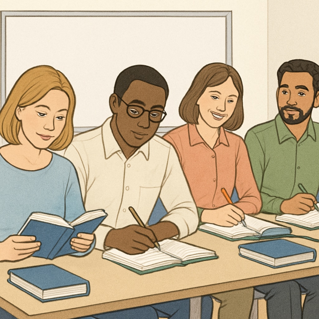 A group of adult learners in a classroom, symbolizing second chances in education. Adult learners engaging in a classroom session to improve their educational qualifications.