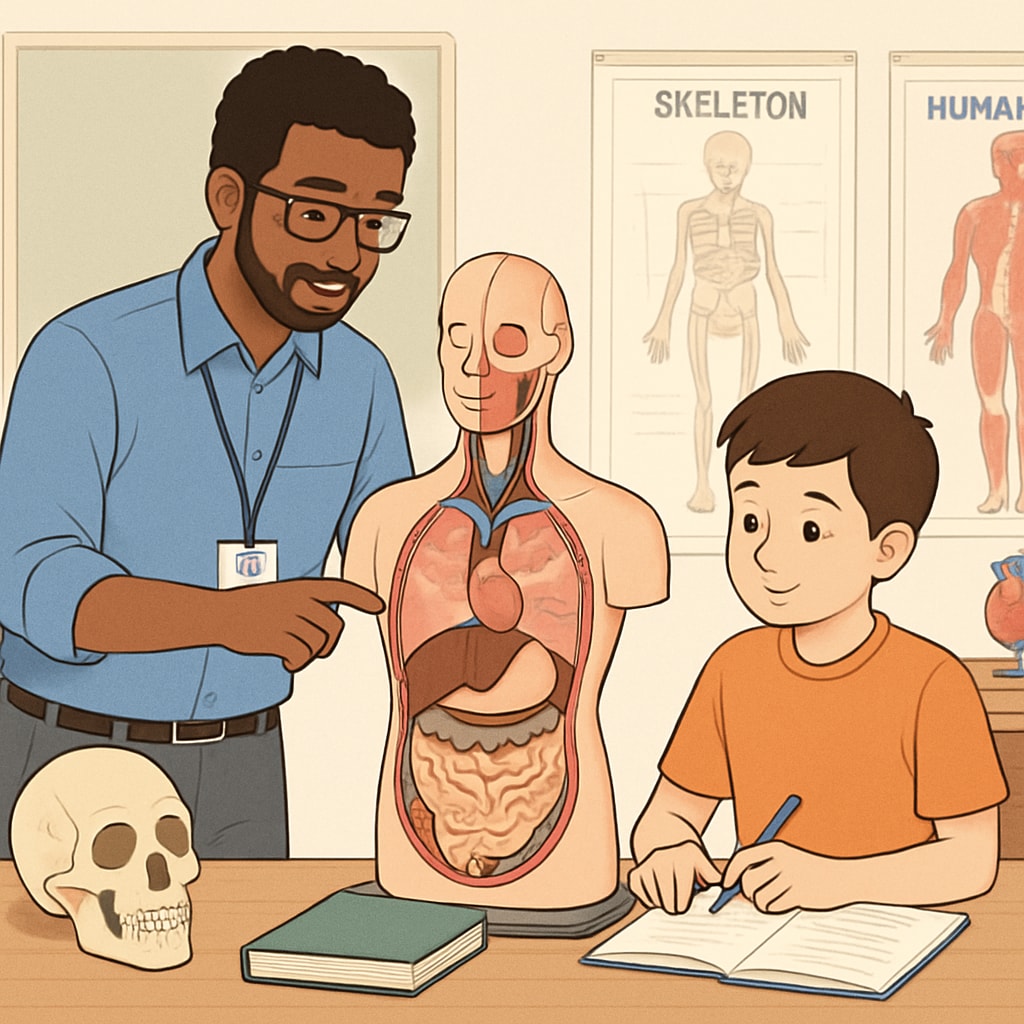 A mentor guiding a K12 student during a hands-on anatomy workshop, demonstrating practical learning opportunities for young learners interested in medicine. Mentor helping a K12 student in an anatomy workshop