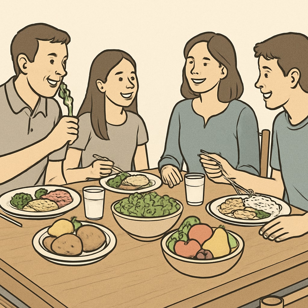 A family enjoying a healthy meal together, emphasizing the importance of nutrition and family bonding in teen development. Family enjoying a healthy meal together to promote teen development and healthy habits.