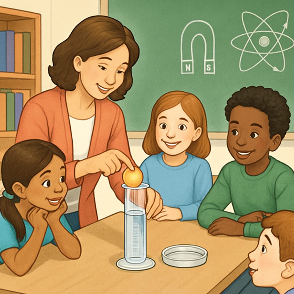 A classroom setting where a teacher is engaging students with a science experiment. The teacher demonstrates a concept while students actively participate. Teacher conducting a science experiment in class, relevant to biology education.