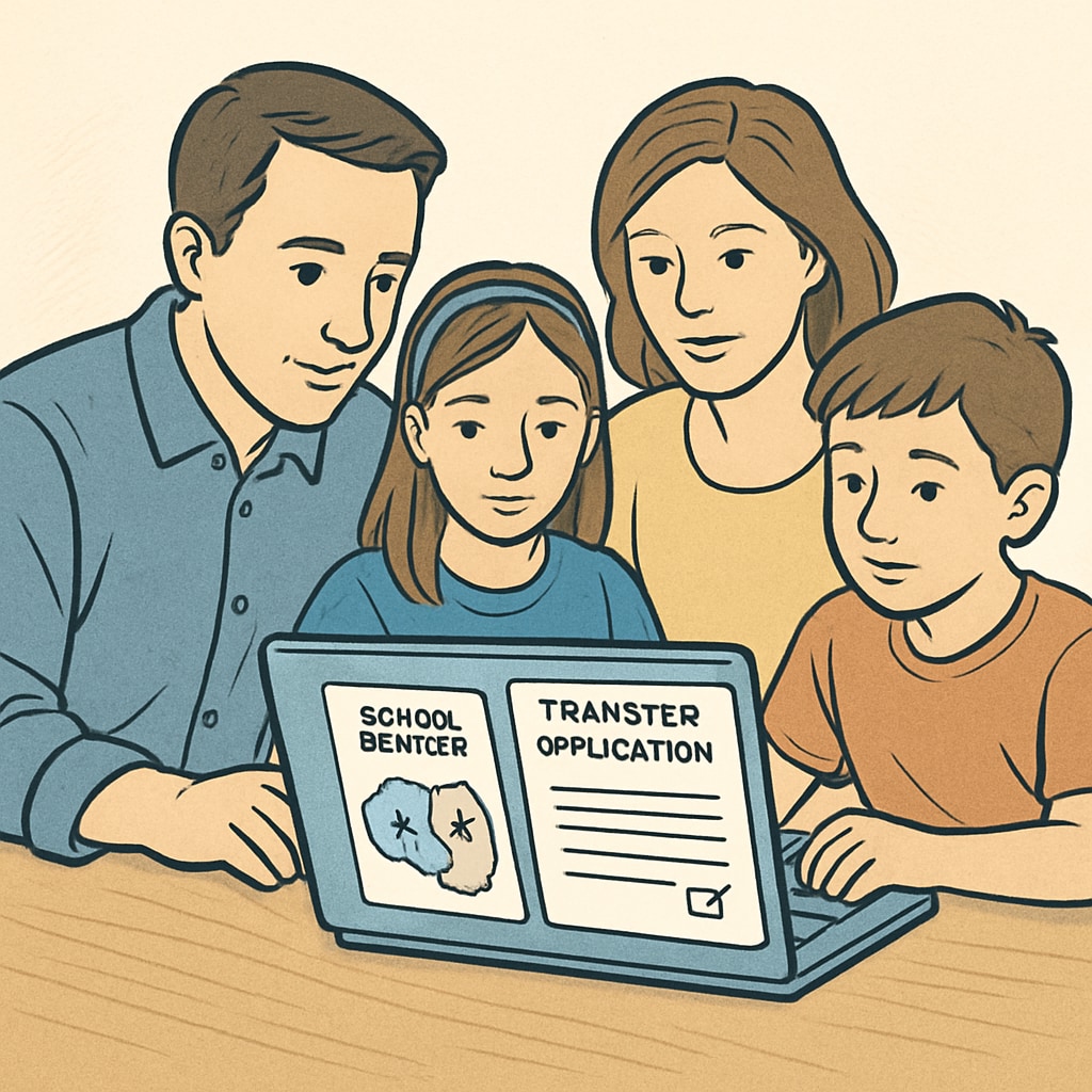 A family reviewing school district maps and transfer applications on a laptop. Family discussing school district transfers and applications.