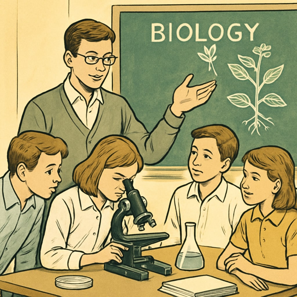 A student-teacher leading a biology class, showcasing a microscope demonstration. Students are actively observing and engaging with the equipment. Biology lesson with a microscope demonstration, highlighting STEM education.