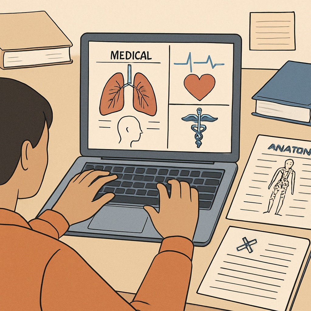 A person studying medical concepts on a laptop, surrounded by notes and books. Studying medical concepts with online courses and resources.