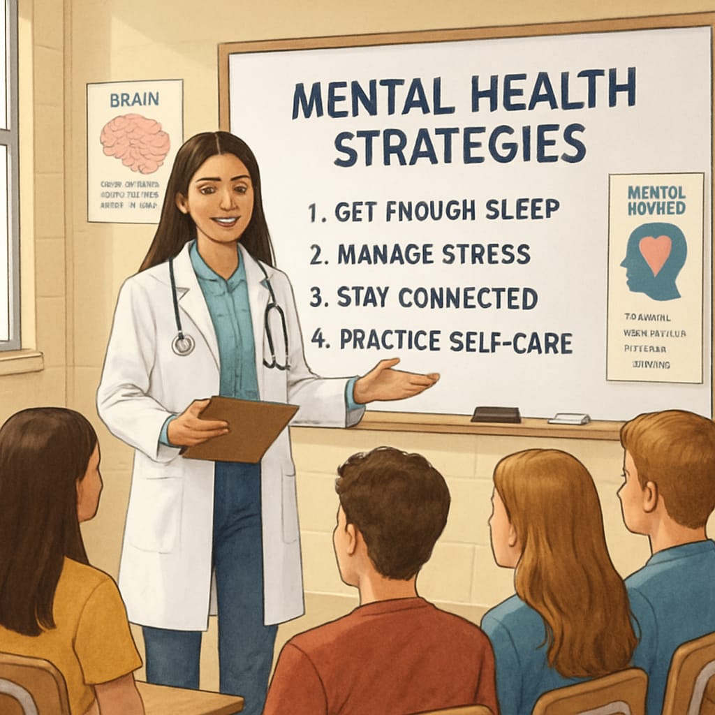 Medical student leading high school mental health seminar.