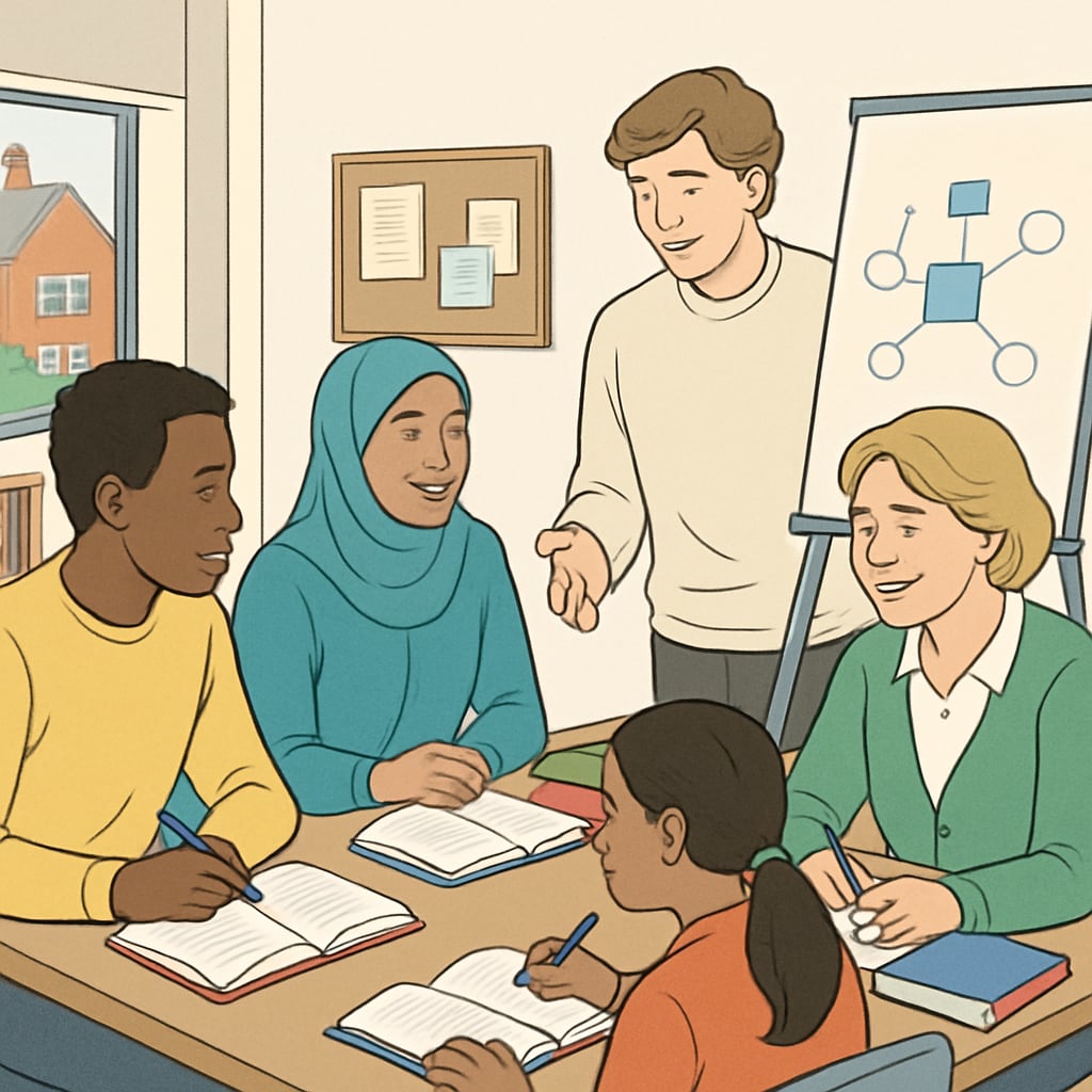 A group of students attending a community learning workshop in the UK, symbolizing accessible education opportunities. Community workshop supporting British youth in recovering interrupted education.