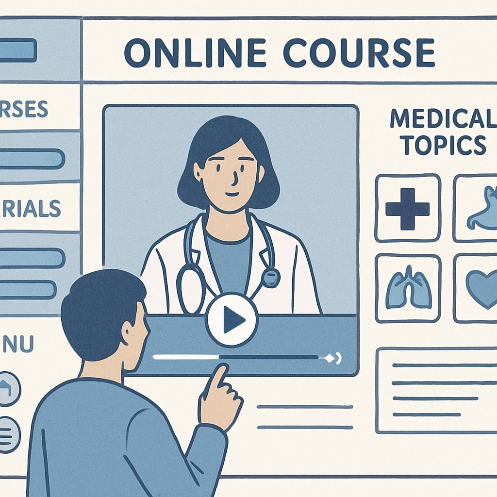 An online course interface showing medical topics, with a user navigating through video tutorials. Online medical education platform for non-medical learners.