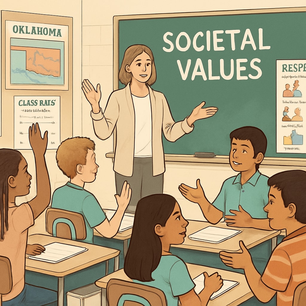 Classroom discussion about societal values in Oklahoma, related to political inclination tests.