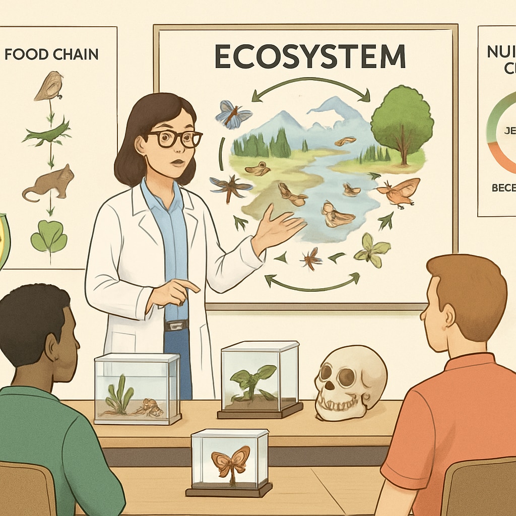 A classroom setting where a biology professional is teaching students about ecosystems, with diagrams and specimens displayed. Biology professional teaching ecosystems in a classroom.