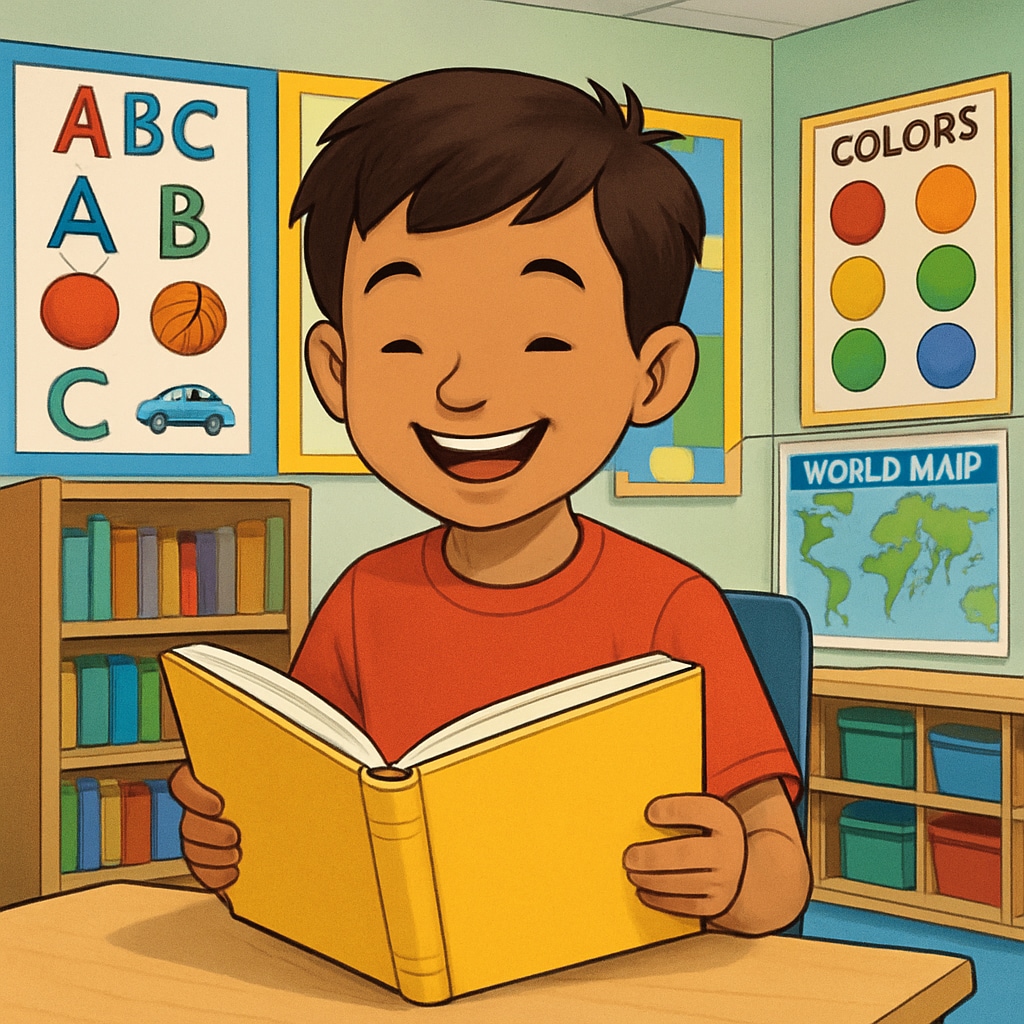 A young elementary student happily reading a book in a colorful classroom setting. Elementary student enjoying reading a book in a vibrant classroom.