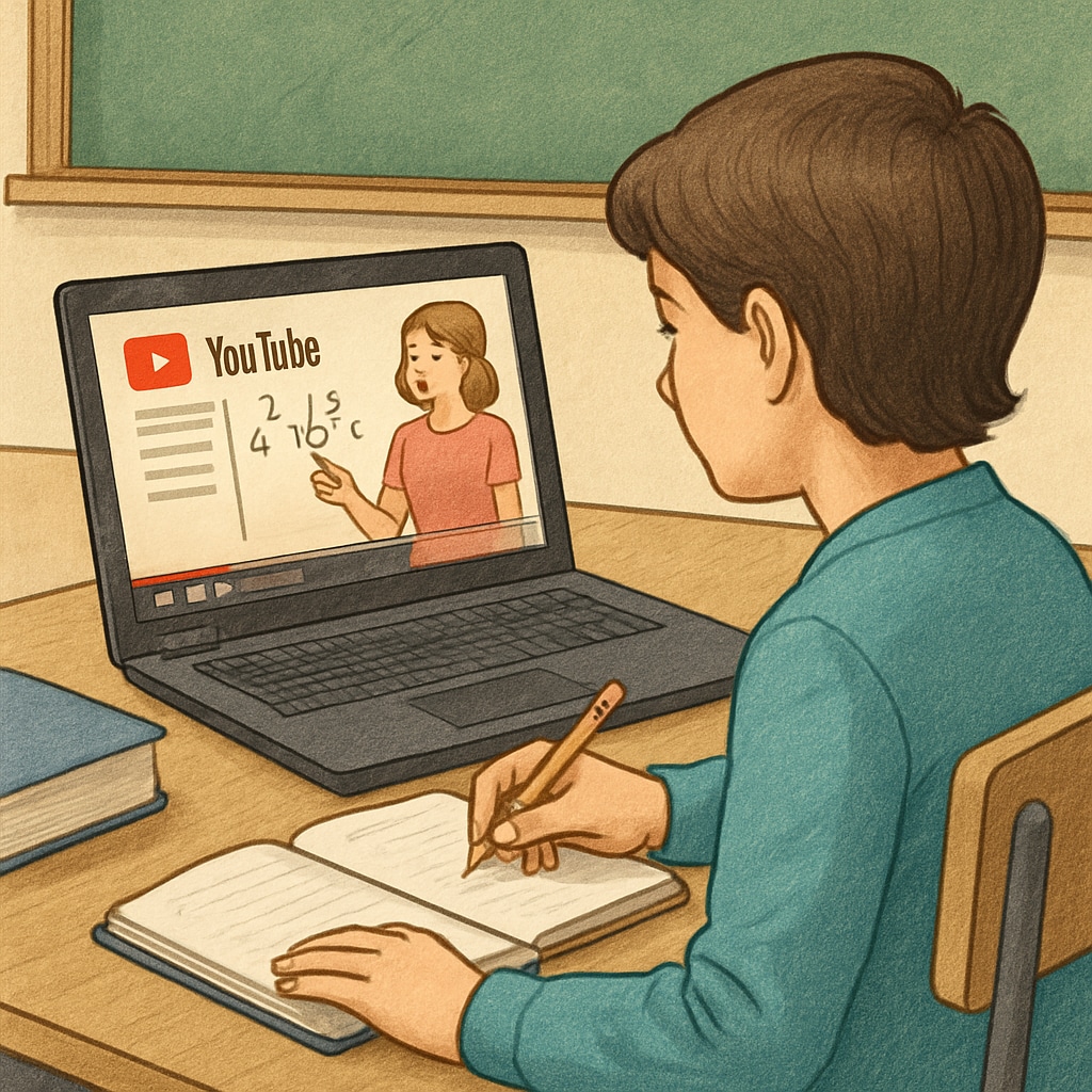 A student watching a YouTube math tutorial on their laptop, taking notes on a notebook. Student learning applied math for campus recruitment using YouTube resources.