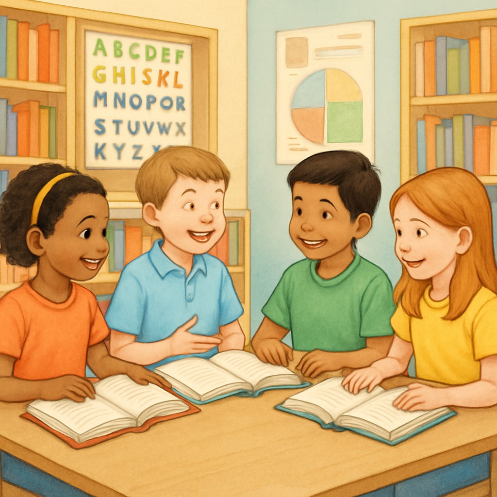 Elementary students in a peer reading group, smiling and sharing thoughts about books. Group of students discussing books in a reading circle.