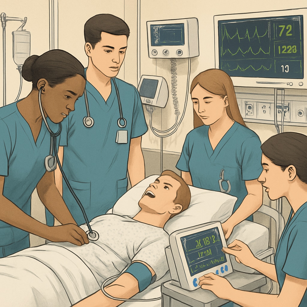 Nursing students practicing clinical skills in a simulation lab equipped with advanced medical technology, representing hands-on training opportunities. Nursing students in a simulation lab practicing clinical skills.