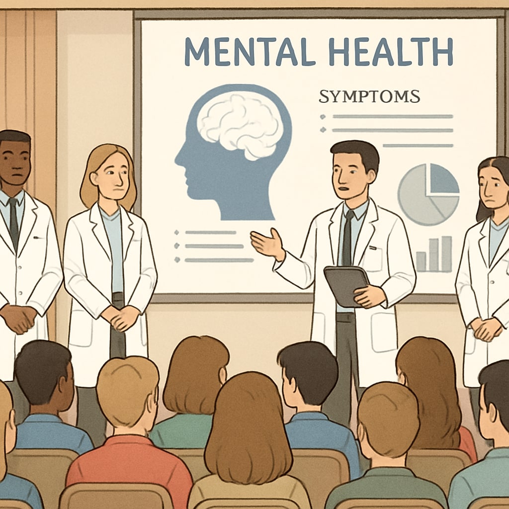 A group of medical students giving a mental health talk to engaged high school students in a school auditorium. Medical students presenting a mental health talk to high school students.