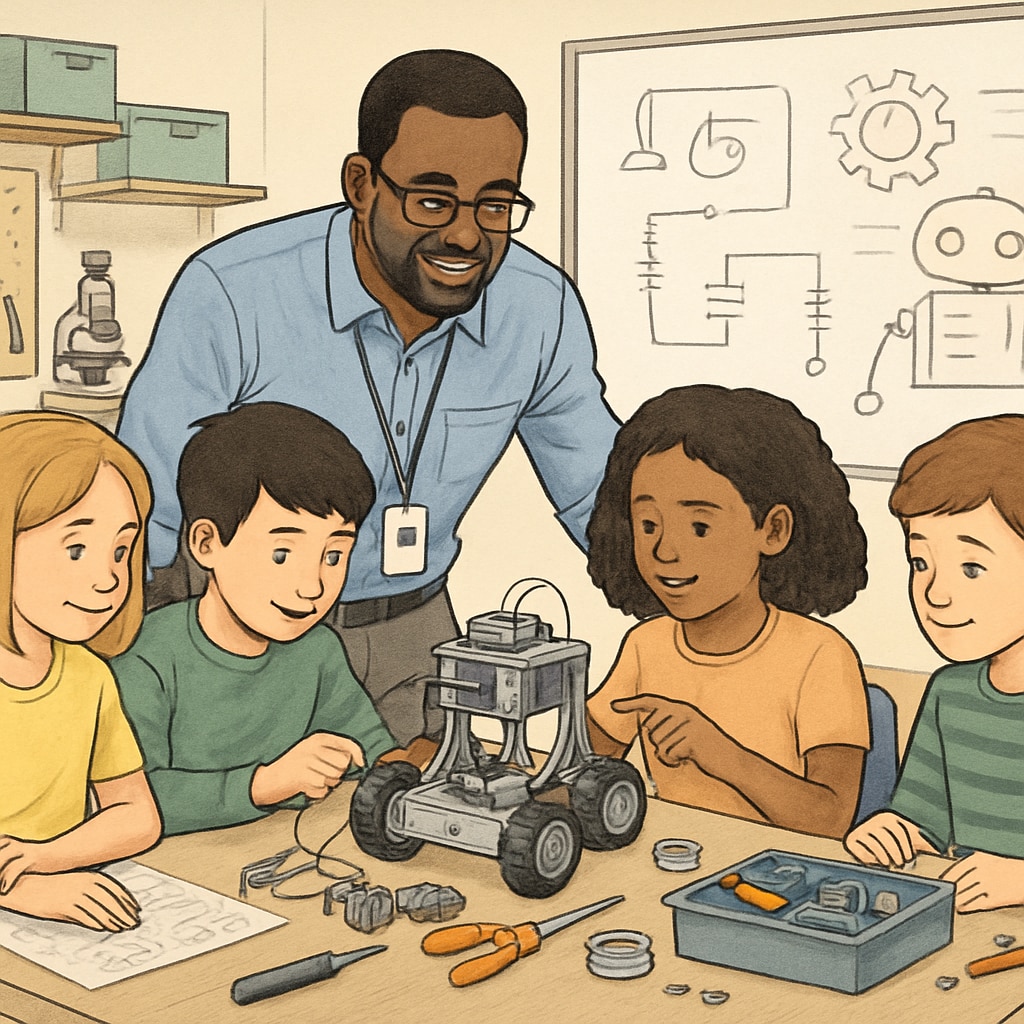 A hands-on STEM workshop in a K-12 classroom, showcasing a teacher with both education and engineering skills guiding students on building a robot. A STEM workshop led by a teacher with education and engineering expertise.