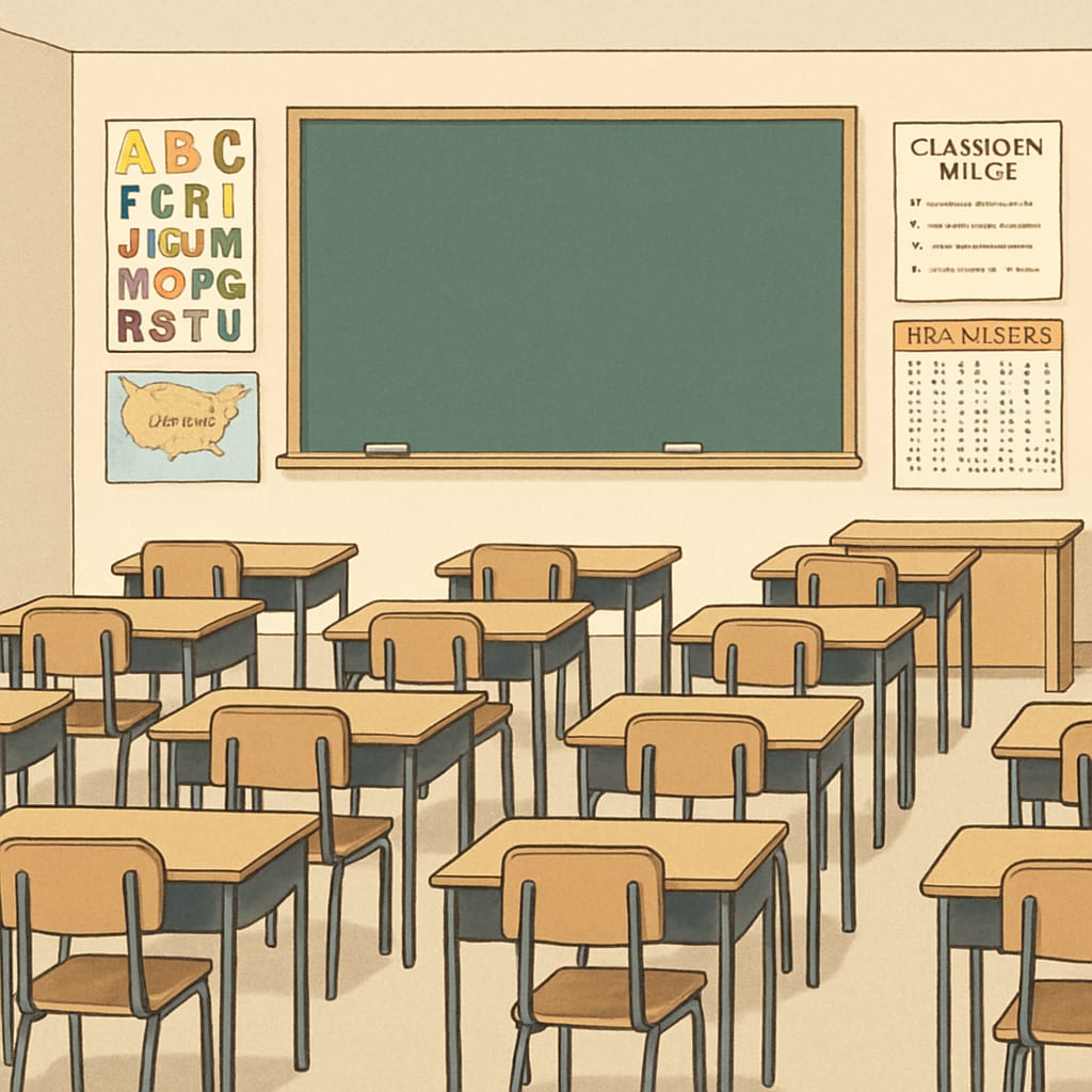 A classroom with empty desks symbolizing reduced enrollment in public schools due to the expansion of school voucher programs. Empty classroom desks as a metaphor for reduced public school enrollment caused by school voucher programs.