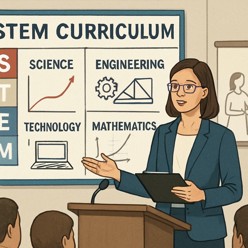 A professional presenting a STEM curriculum at an education conference, highlighting the intersection of engineering and teaching. A professional presenting a STEM curriculum combining education and engineering.