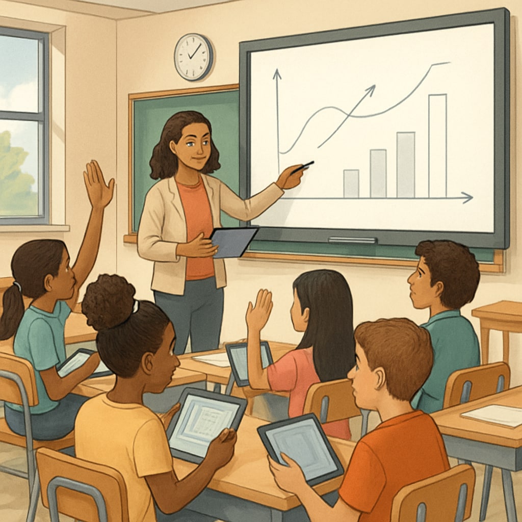 A teacher using modern technology to engage students in a public school classroom, showcasing innovation in response to challenges from voucher programs. Public school teacher using technology to engage students, highlighting innovative responses to school vouchers.