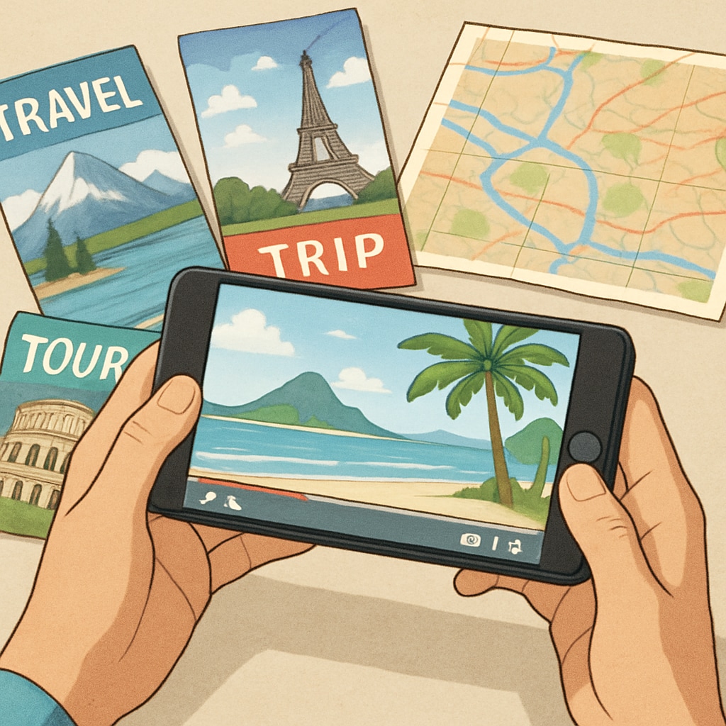 Smartphone displaying travel short videos, brochures, and maps nearby.