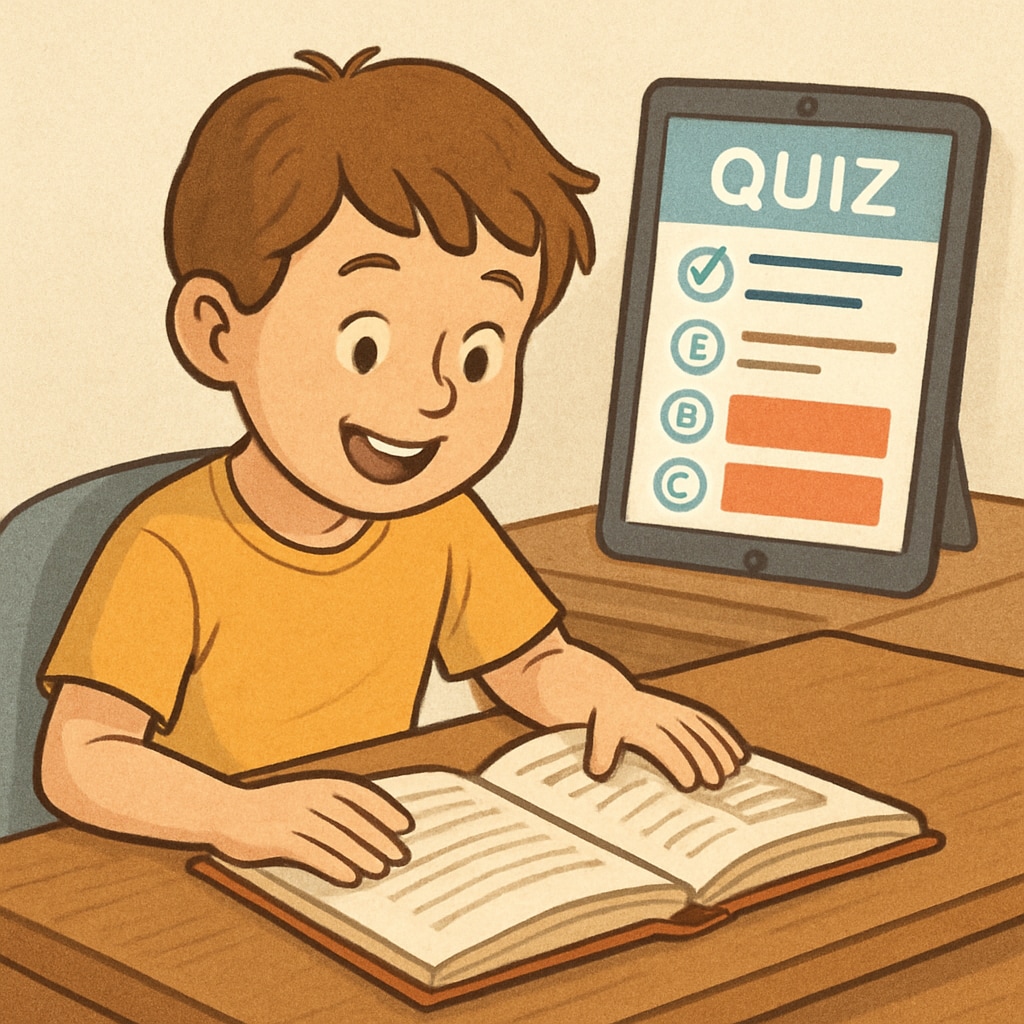 A child engaged in reading with a digital quiz in the background.
