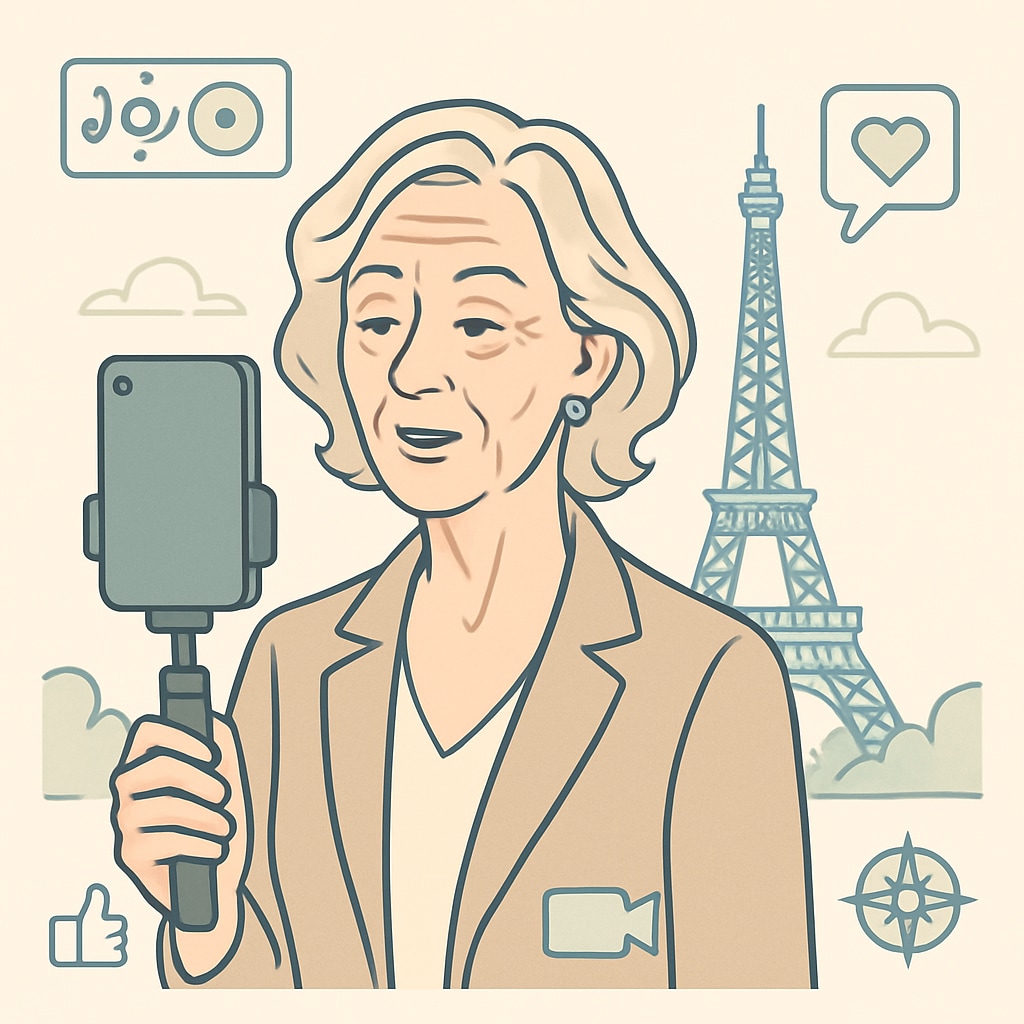 Travel influencer creating short video content at Eiffel Tower.