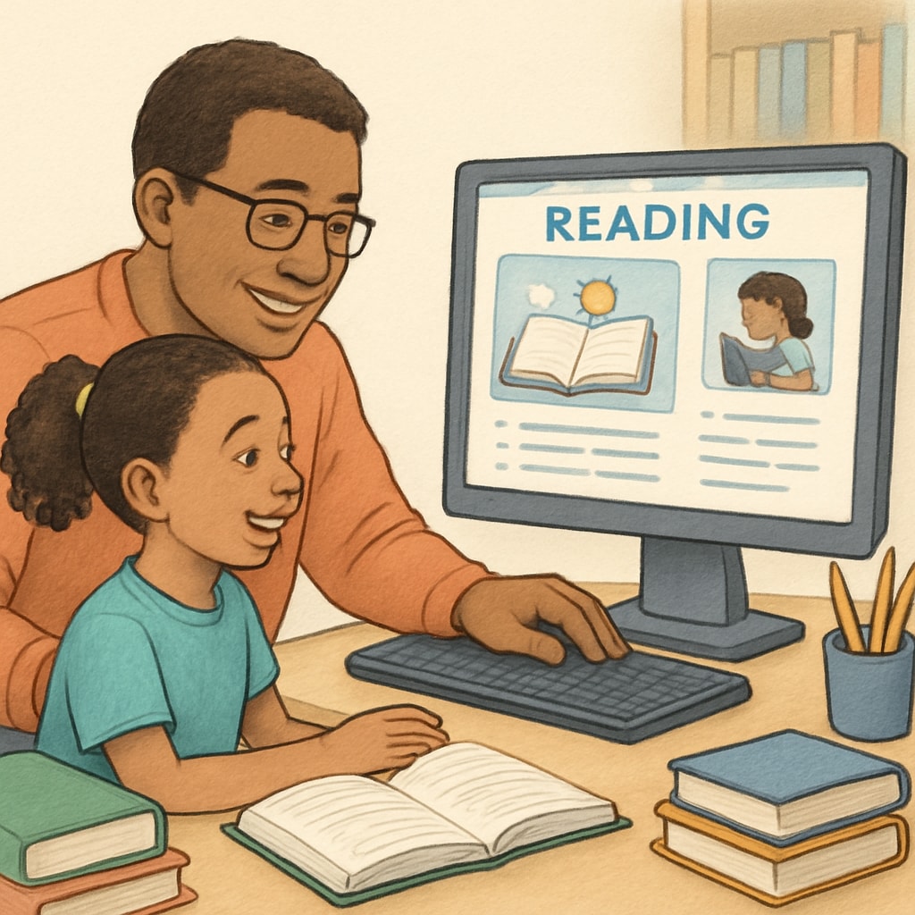 Parent and child browsing an educational reading platform online.