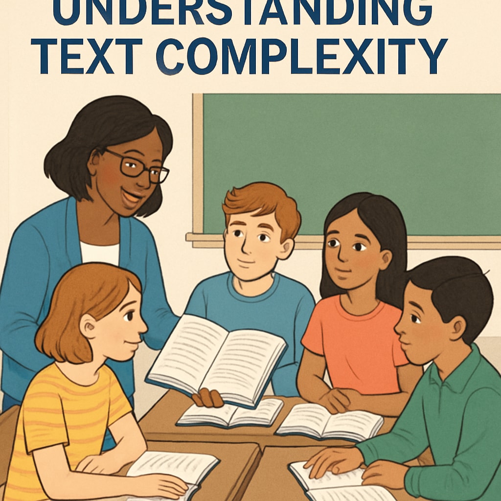 A teacher reviewing educational materials with a diverse group of students. The image highlights collaboration and the importance of understanding text complexity in education. Teacher evaluating text complexity with students to improve reading comprehension.