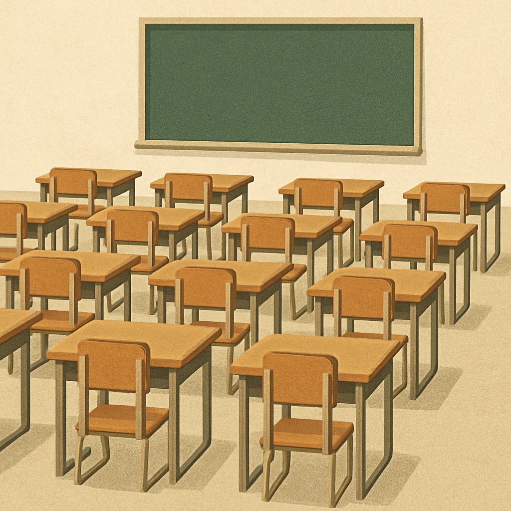 Empty classroom desks, representing education vouchers and student migration.