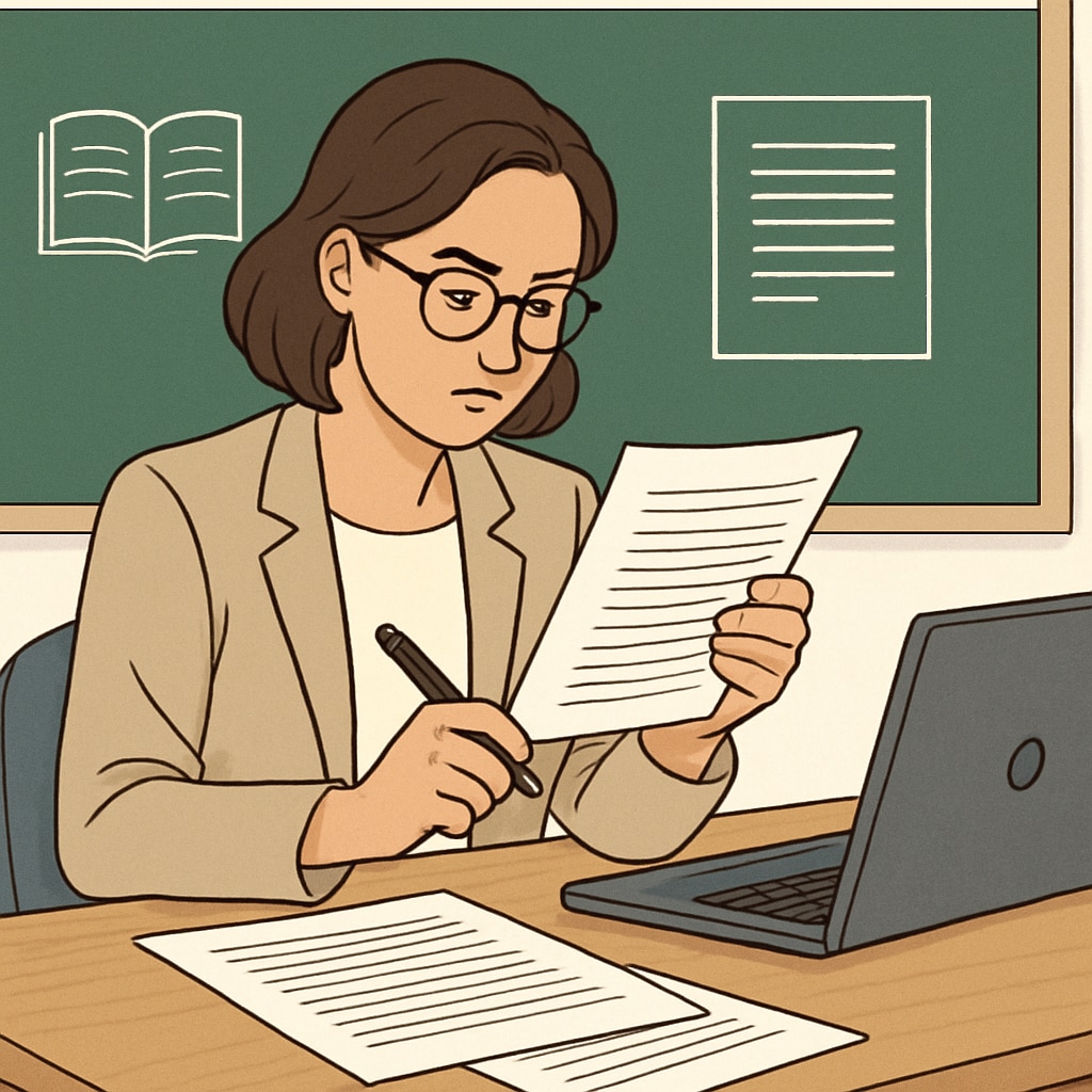A teacher sitting at a desk with a laptop, analyzing reading passages. The image emphasizes the research process and teacher involvement. Teacher analyzing text complexity as part of a reading comprehension study.