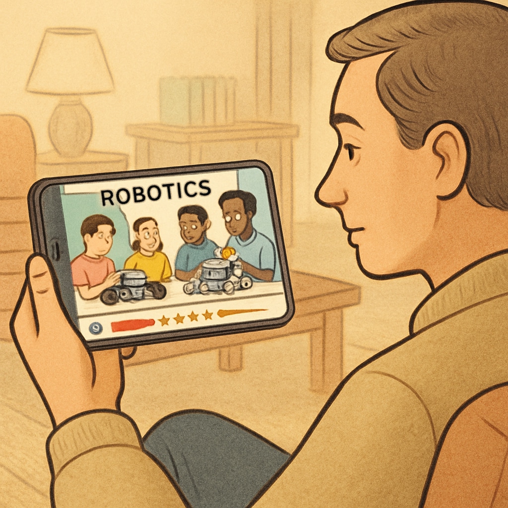 A parent watching a short video review of a school’s robotics program on their smartphone. Parent viewing a short video about a school robotics program on smartphone.
